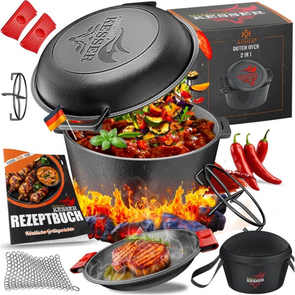 KESSER Dutch Oven Gusseisen 2in1 4,8 L + 1,8 L Pfanne – vorgebrannt, Deckel/Bratpfanne