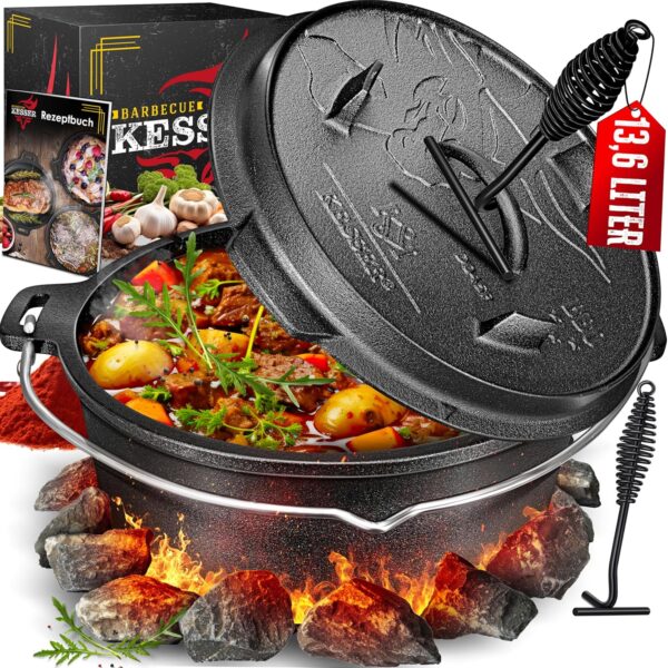 KESSER® Dutch Oven Gusseisen Feuertopf mit Deckelheber & Thermometer‑Schlitz – Outdoor/Indoor