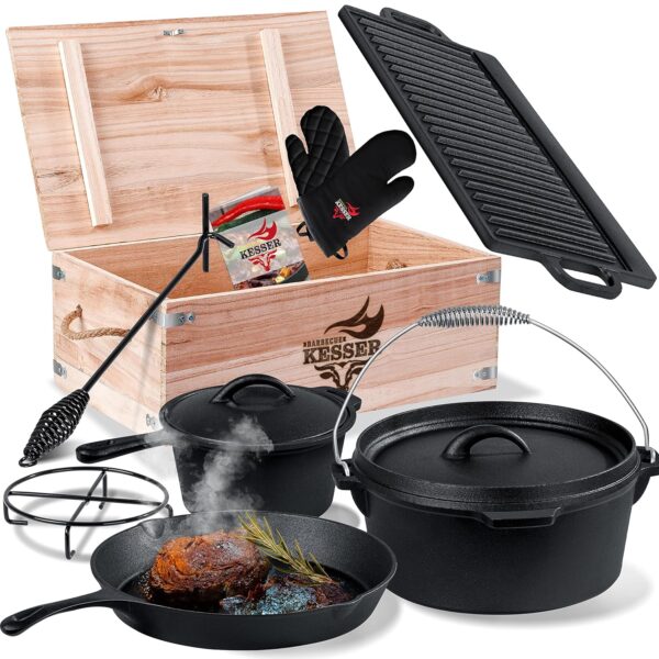 KESSER® Dutch Oven Set 9‑Teilig – vorgebranntes Gusseisen, Holzkiste, inkl. Rezeptbuch