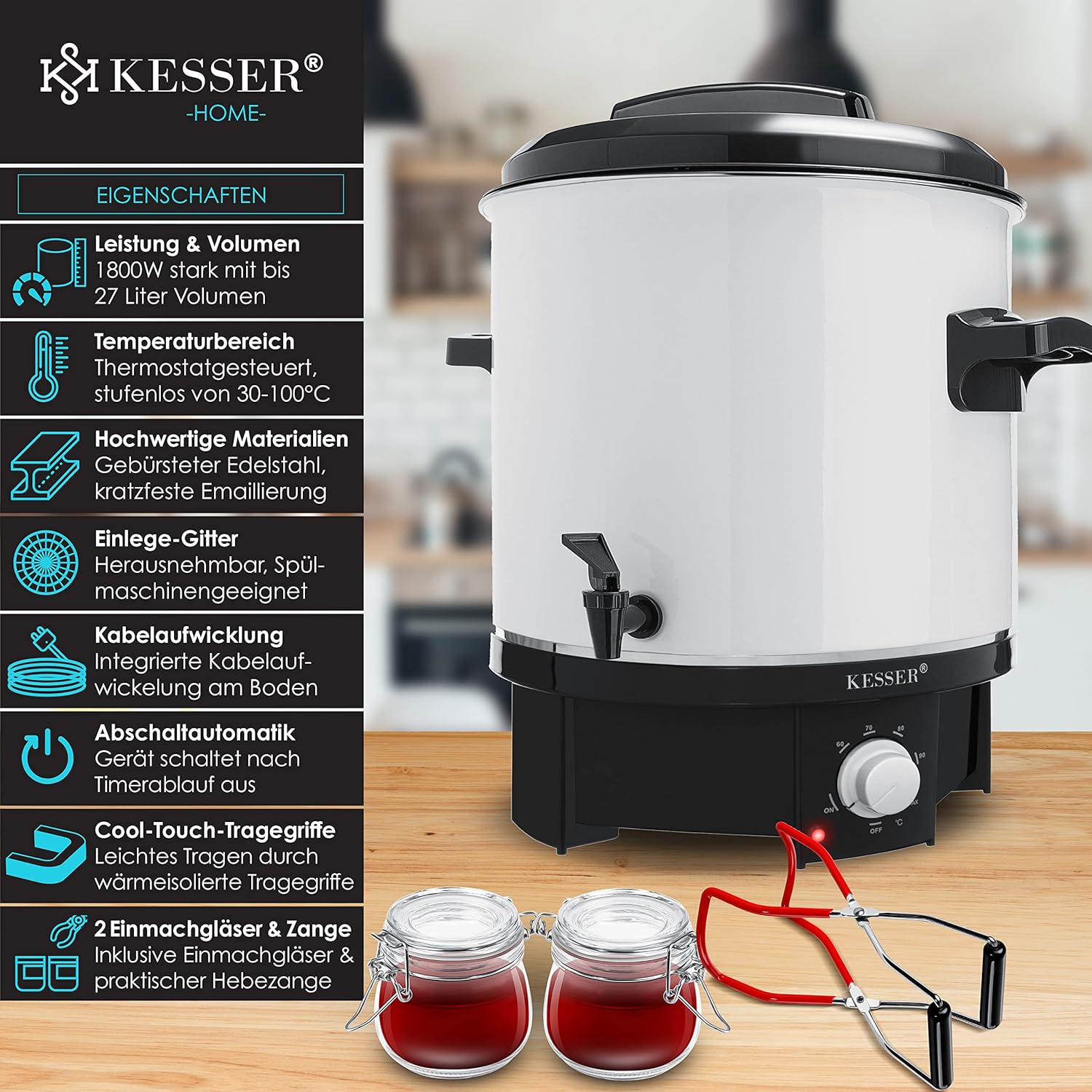 KESSER Einkochautomat 27L Edelstahl 1800W 30‑100°C Dauerbetrieb Abschaltautomatik Glühweintopf