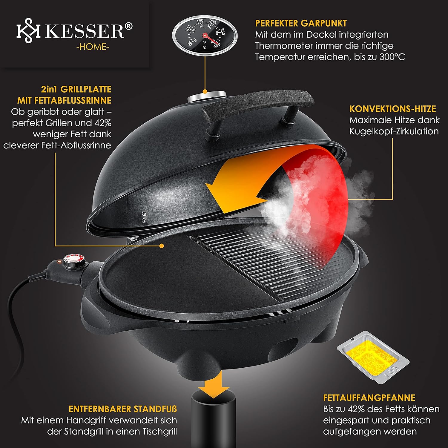 KESSER® Elektrogrill 2‑in‑1 Tisch‑Standgrill, 2400 W, Thermometer, XXL‑Platte