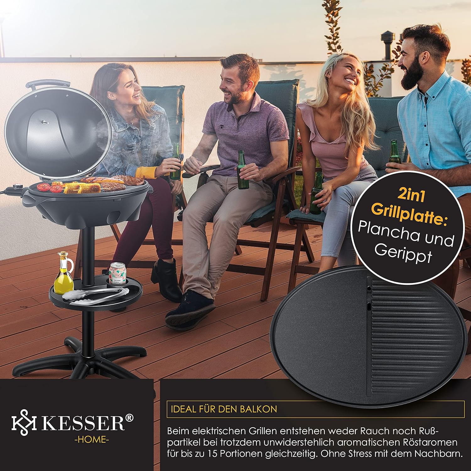 KESSER® Elektrogrill 2‑in‑1 Tisch‑Standgrill, 2400 W, Thermometer, XXL‑Platte