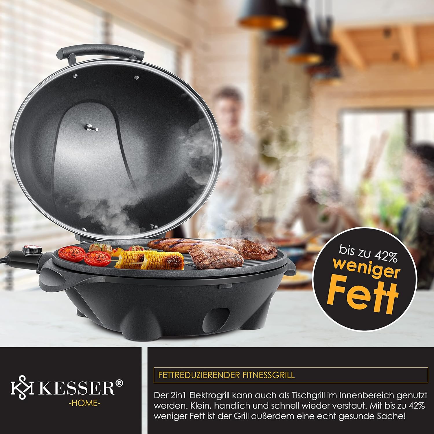 KESSER® Elektrogrill 2‑in‑1 Tisch‑Standgrill, 2400 W, Thermometer, XXL‑Platte