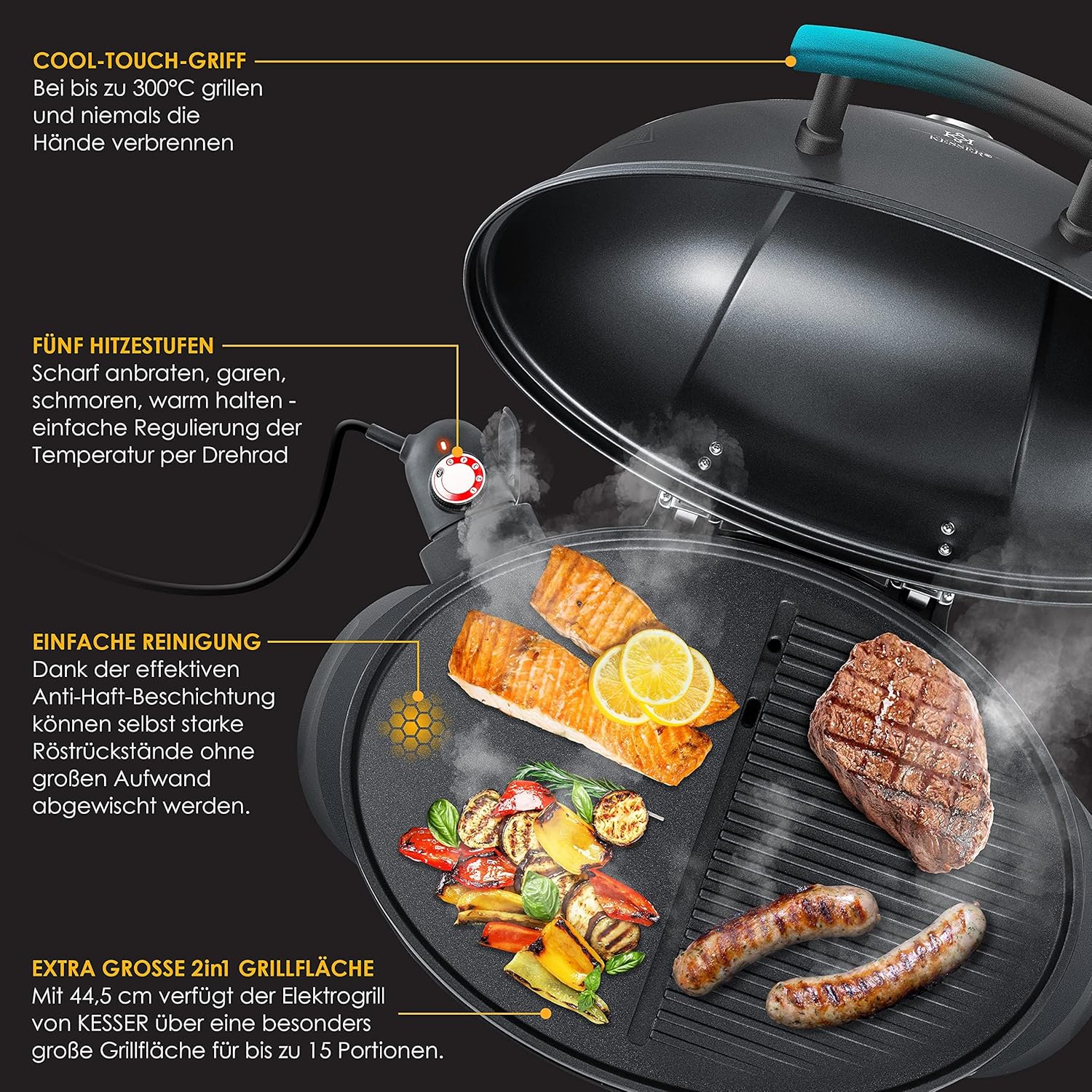 KESSER® Elektrogrill 2‑in‑1 Tisch‑Standgrill, 2400 W, Thermometer, XXL‑Platte