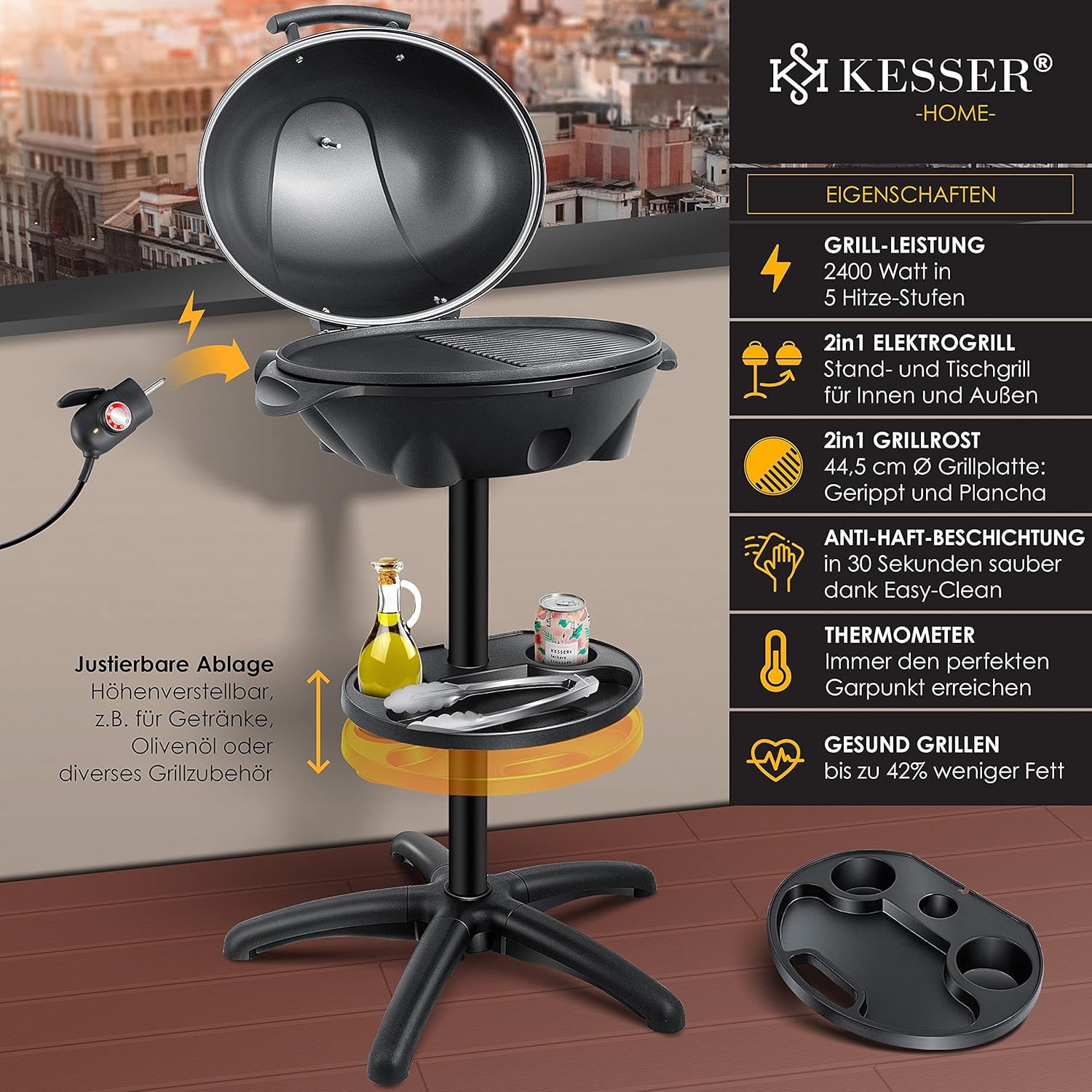 KESSER® Elektrogrill 2‑in‑1 Tisch‑Standgrill, 2400 W, Thermometer, XXL‑Platte