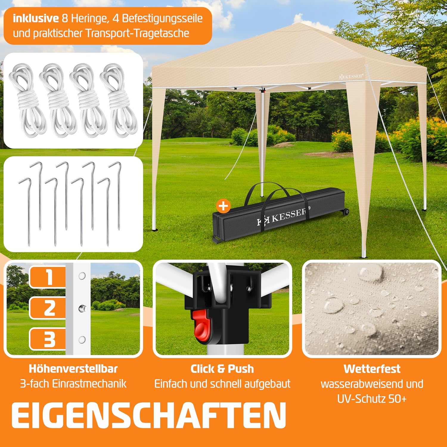 KESSER® Faltpavillon 3x3 m – höhenverstellbar, wasserdicht, UV‑Schutz 50+