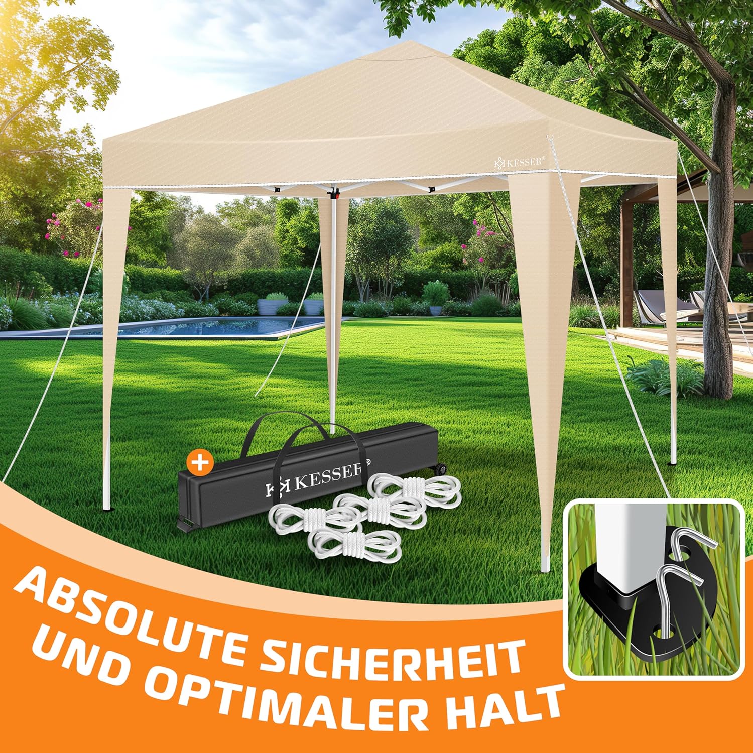 KESSER® Faltpavillon 3x3 m – höhenverstellbar, wasserdicht, UV‑Schutz 50+
