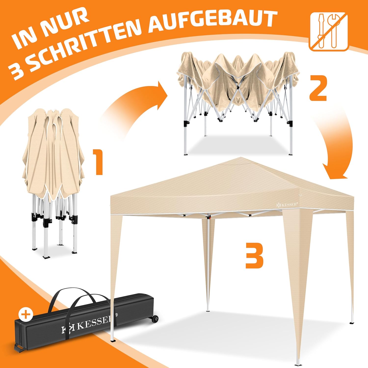 KESSER® Faltpavillon 3x3 m – höhenverstellbar, wasserdicht, UV‑Schutz 50+