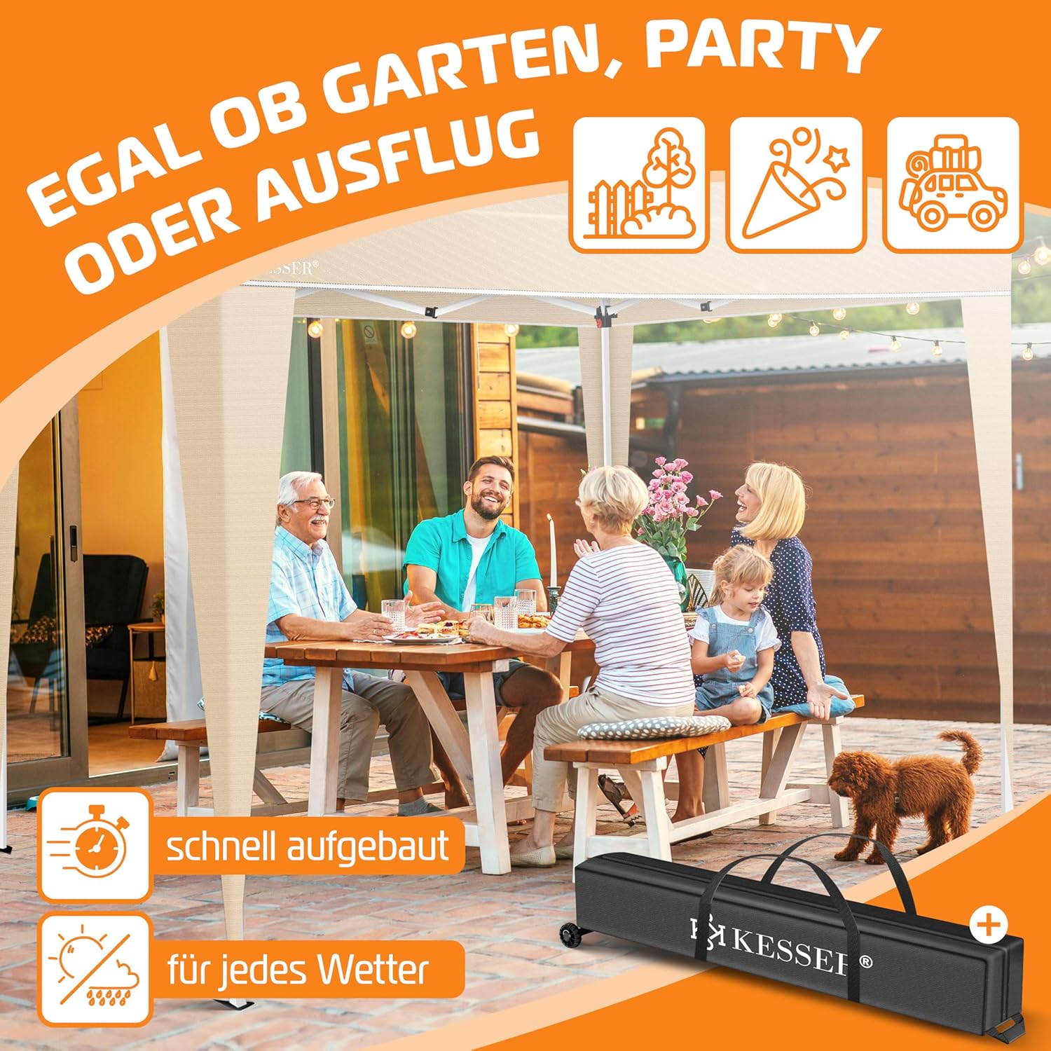 KESSER® Faltpavillon 3x3 m – höhenverstellbar, wasserdicht, UV‑Schutz 50+