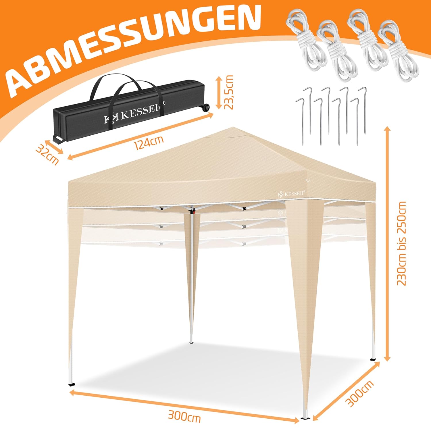 KESSER® Faltpavillon 3x3 m – höhenverstellbar, wasserdicht, UV‑Schutz 50+