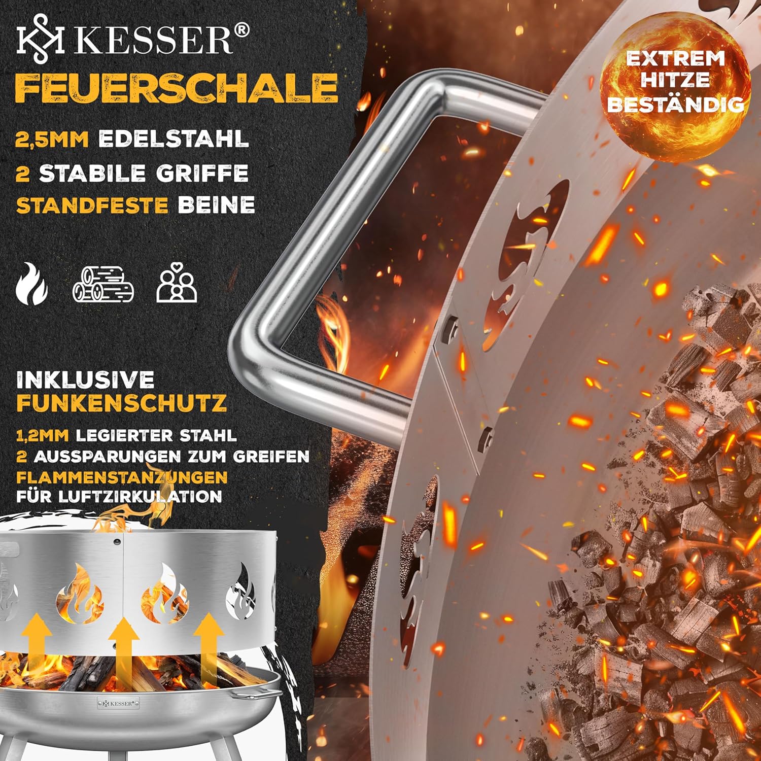 KESSER® Feuerschale Ø60 cm Edelstahl mit Wasserablauf & Gusseisen‑Feuerhaken