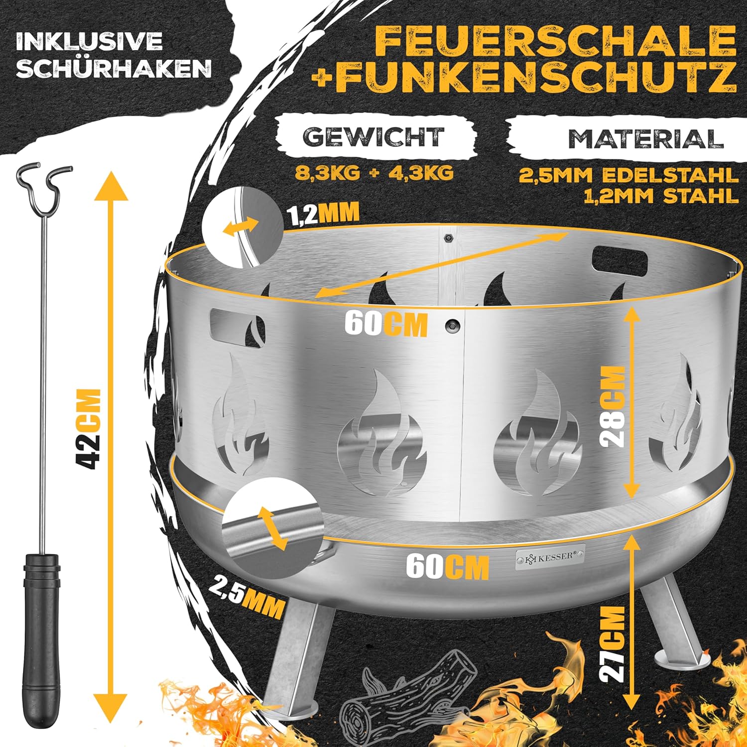KESSER® Feuerschale Ø60 cm Edelstahl mit Wasserablauf & Gusseisen‑Feuerhaken