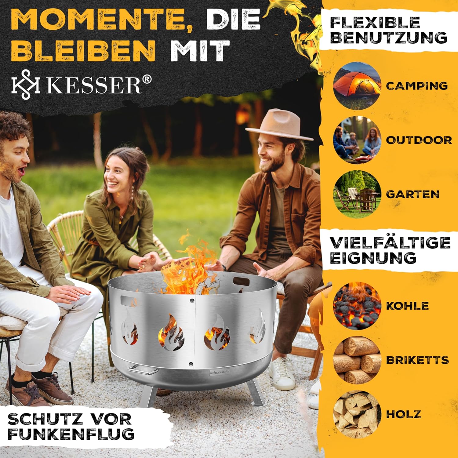 KESSER® Feuerschale Ø60 cm Edelstahl mit Wasserablauf & Gusseisen‑Feuerhaken