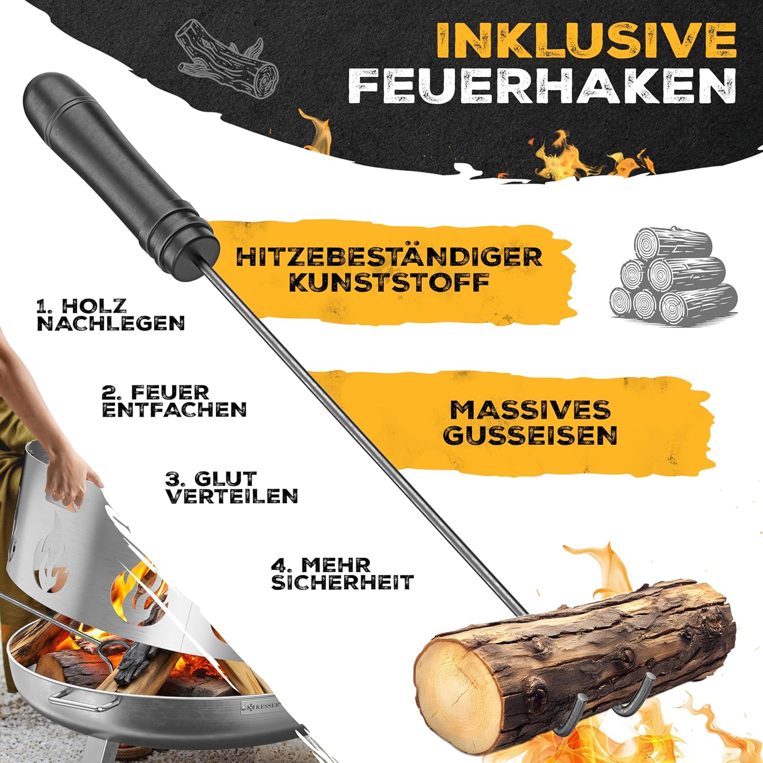 KESSER® Feuerschale Ø60 cm Edelstahl mit Wasserablauf & Gusseisen‑Feuerhaken
