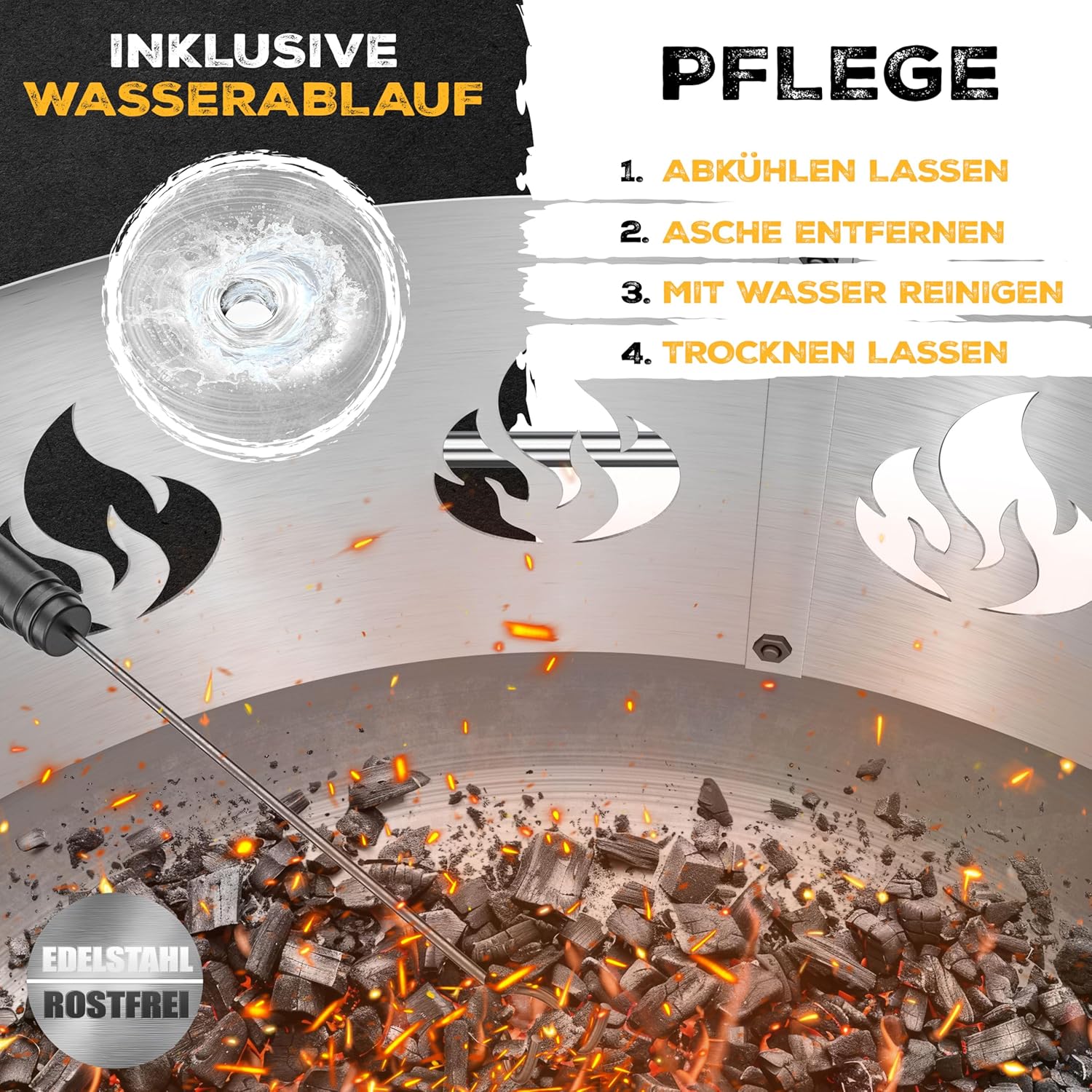 KESSER® Feuerschale Ø60 cm Edelstahl mit Wasserablauf & Gusseisen‑Feuerhaken