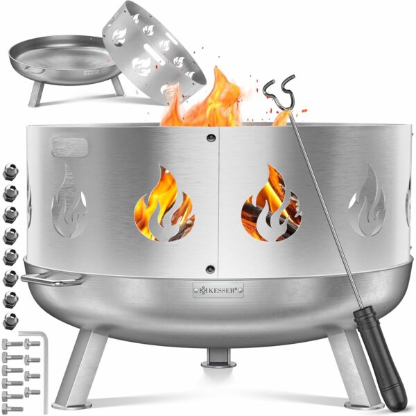 KESSER® Feuerschale Ø60 cm Edelstahl mit Wasserablauf & Gusseisen‑Feuerhaken