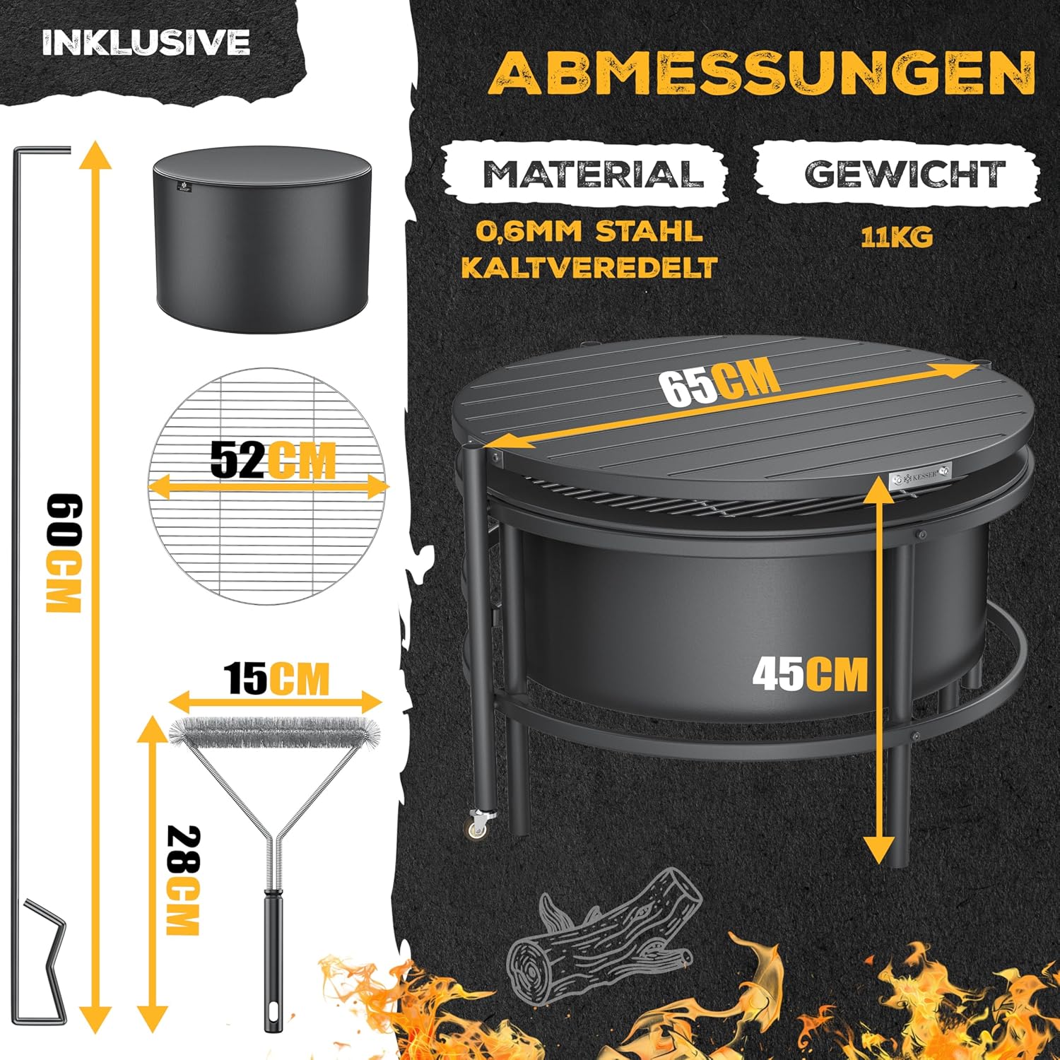 KESSER Feuerschale Ø65 cm | Mobil mit Reifen | 0,6 mm Kaltveredelter Stahl | Holz‑ und Kohlefeuer | 60 cm Gusseisen‑Feuerhaken