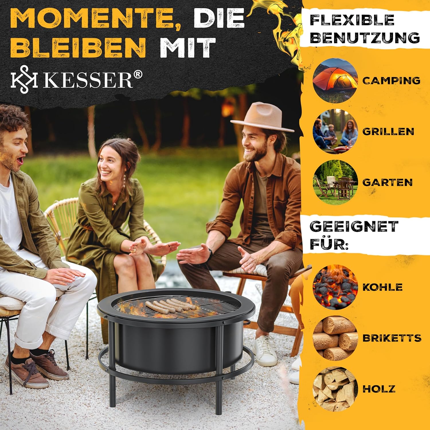KESSER Feuerschale Ø65 cm | Mobil mit Reifen | 0,6 mm Kaltveredelter Stahl | Holz‑ und Kohlefeuer | 60 cm Gusseisen‑Feuerhaken