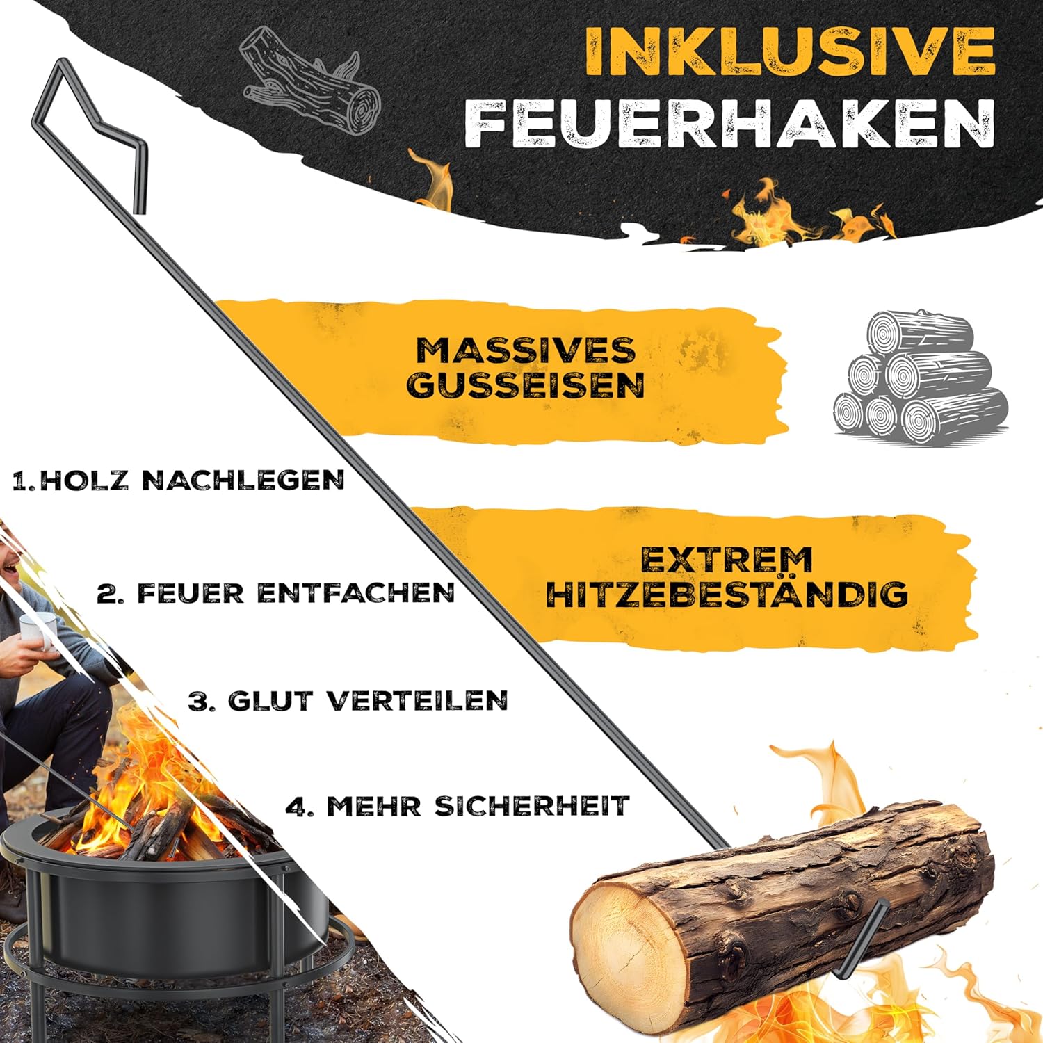 KESSER Feuerschale Ø65 cm | Mobil mit Reifen | 0,6 mm Kaltveredelter Stahl | Holz‑ und Kohlefeuer | 60 cm Gusseisen‑Feuerhaken