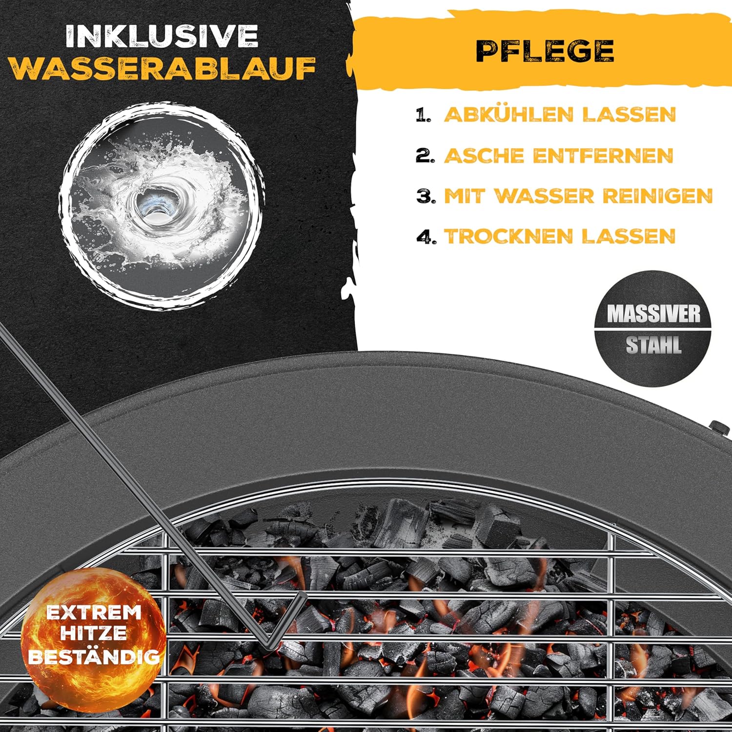 KESSER Feuerschale Ø65 cm | Mobil mit Reifen | 0,6 mm Kaltveredelter Stahl | Holz‑ und Kohlefeuer | 60 cm Gusseisen‑Feuerhaken