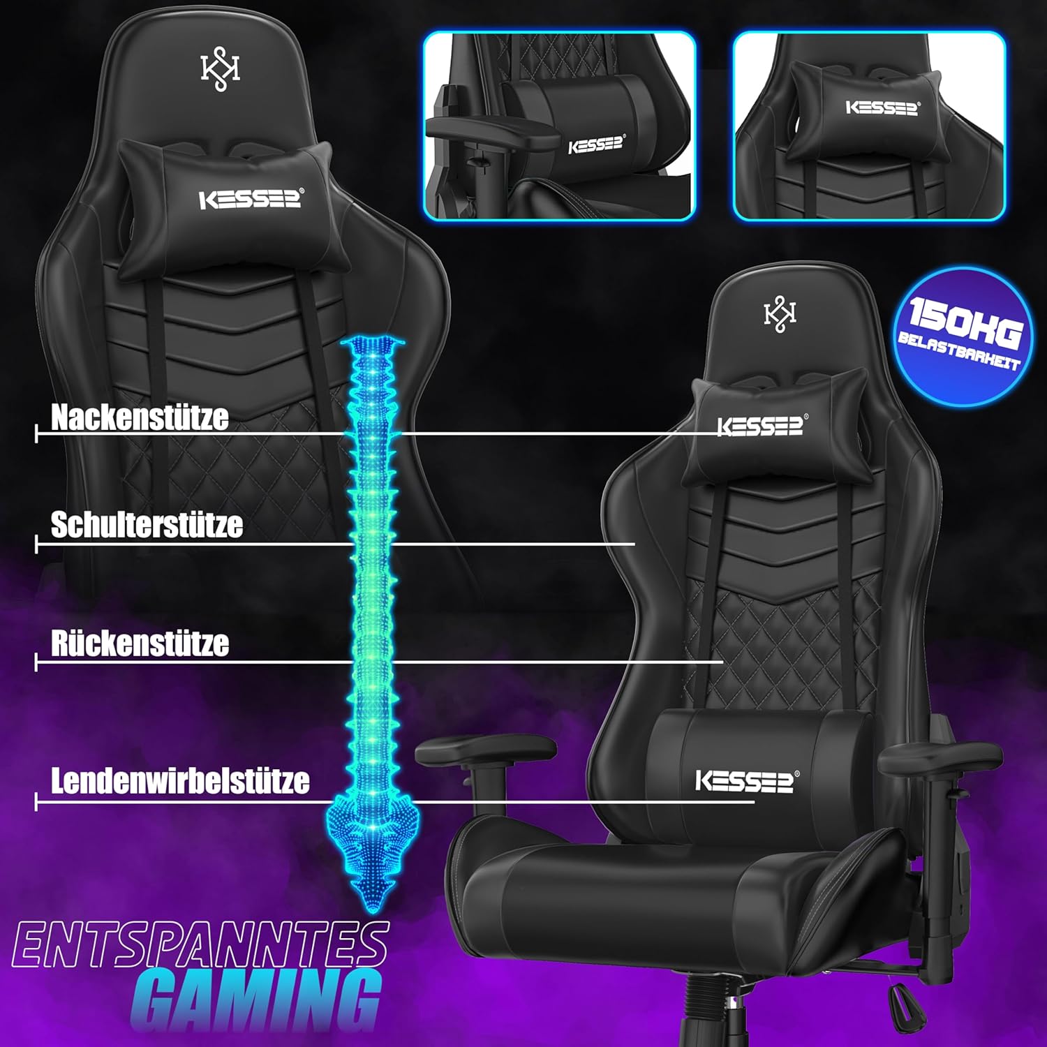 KESSER Gamingstuhl – Ergonomisch, 150 kg, , Racing‑Design