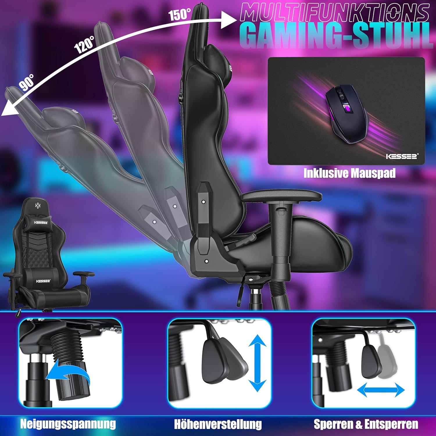 KESSER Gamingstuhl – Ergonomisch, 150 kg, , Racing‑Design