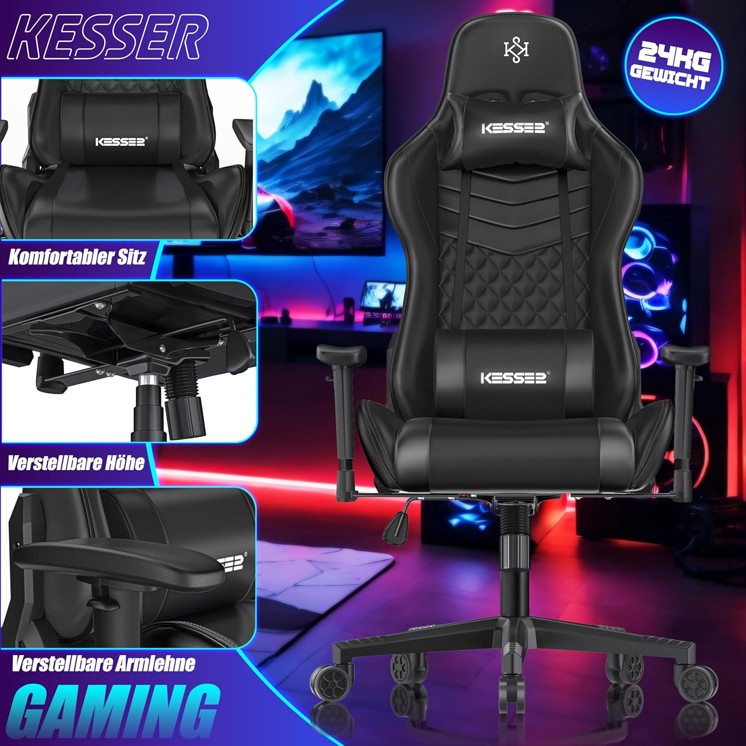 KESSER Gamingstuhl – Ergonomisch, 150 kg, , Racing‑Design