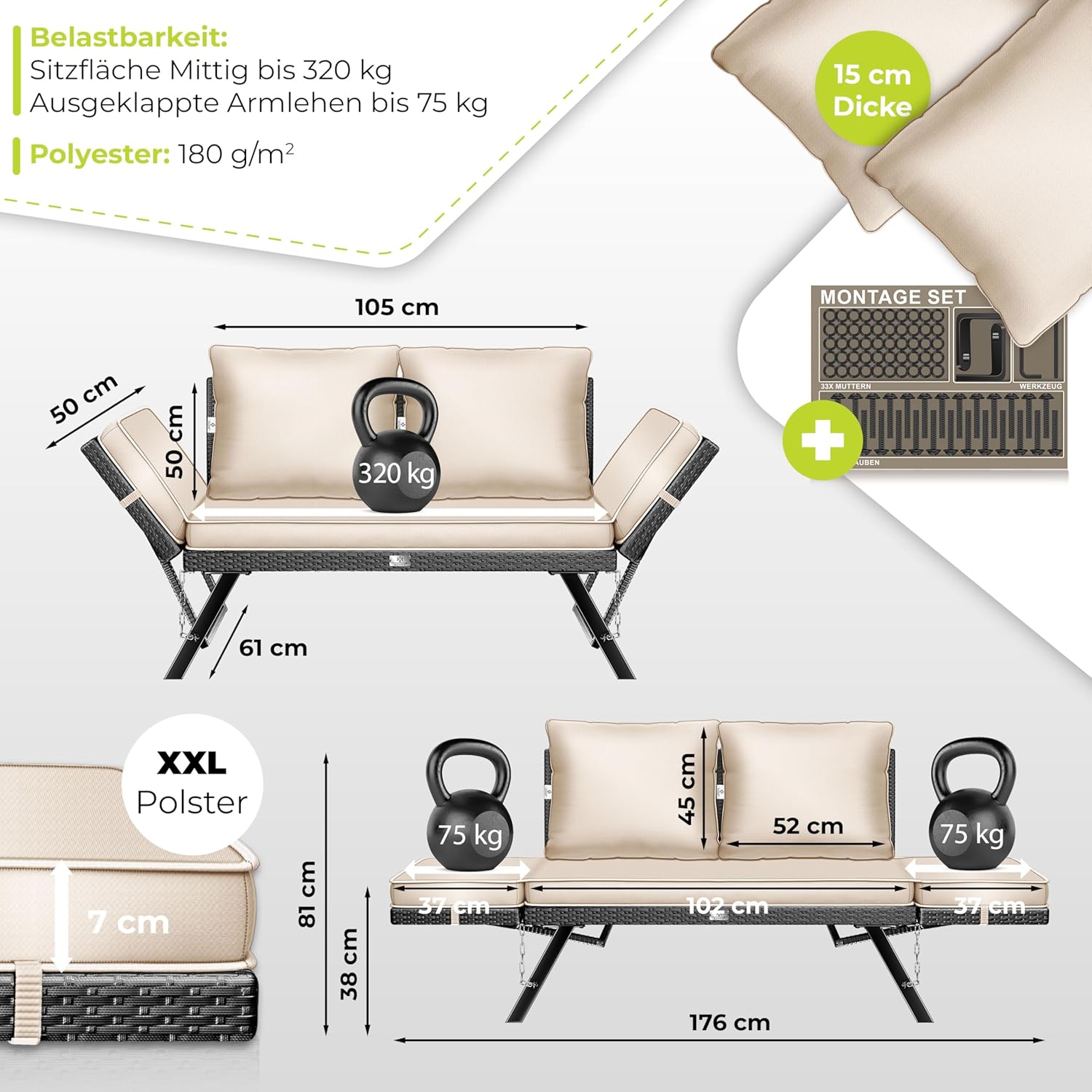 KESSER® Gartenbank Polyrattan 4‑in‑1 Verstellfunktion – Wetterfest, weiche Polsterung