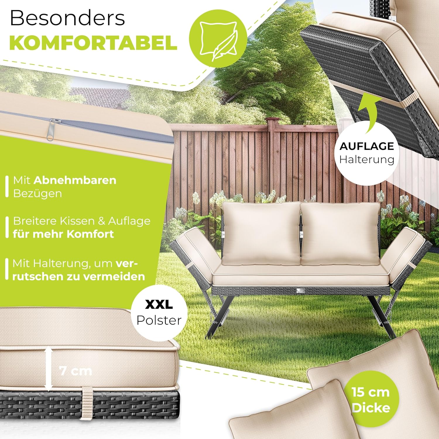KESSER® Gartenbank Polyrattan 4‑in‑1 Verstellfunktion – Wetterfest, weiche Polsterung