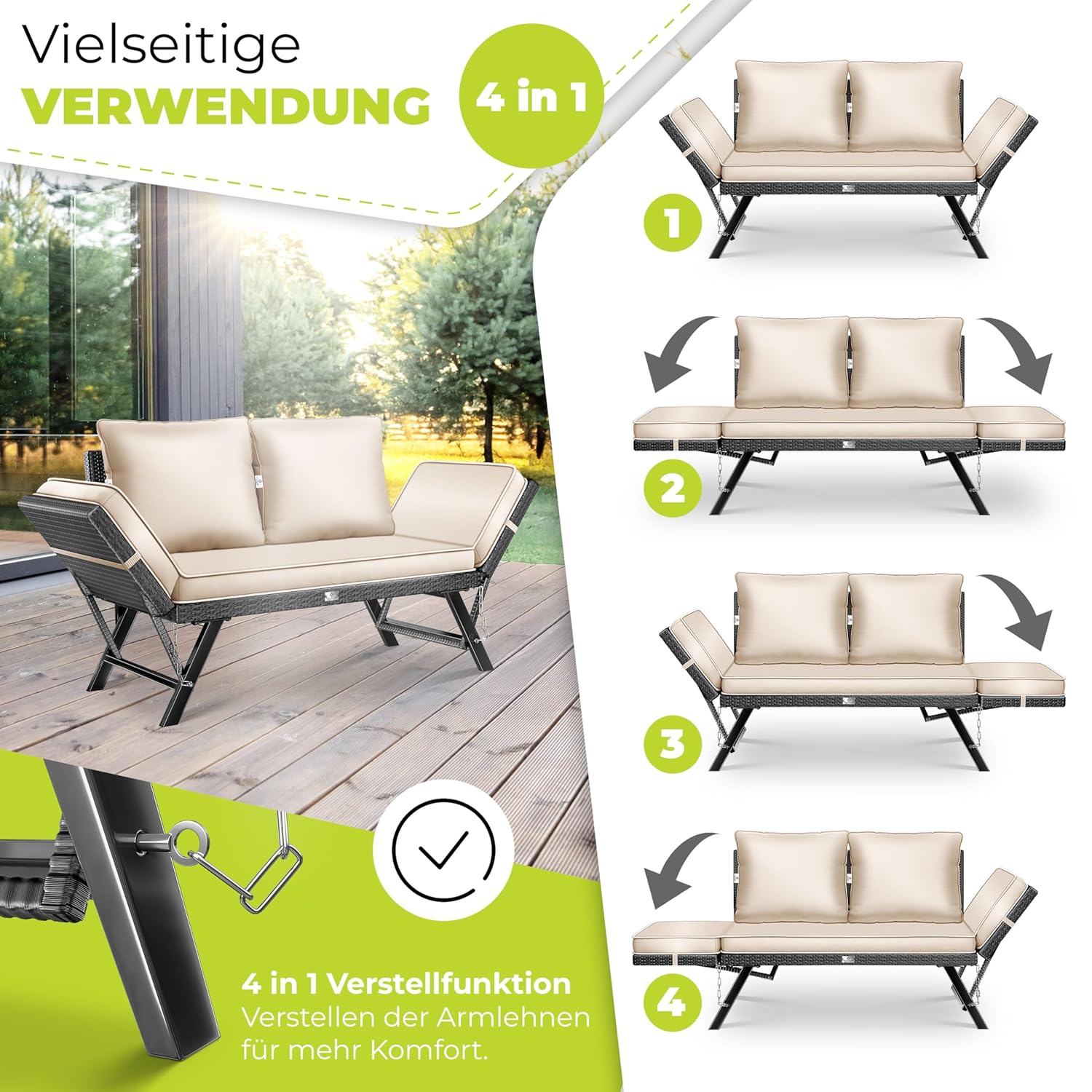 KESSER® Gartenbank Polyrattan 4‑in‑1 Verstellfunktion – Wetterfest, weiche Polsterung