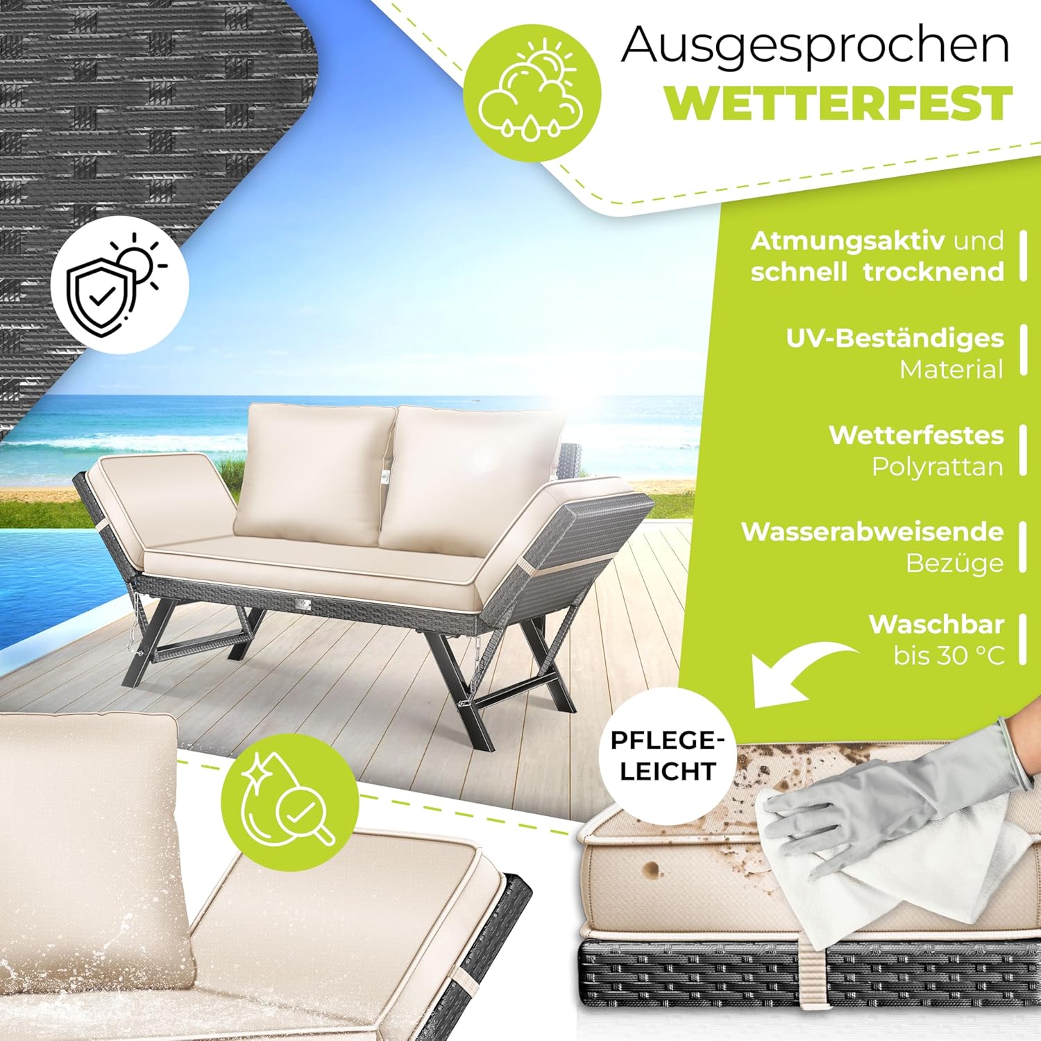 KESSER® Gartenbank Polyrattan 4‑in‑1 Verstellfunktion – Wetterfest, weiche Polsterung