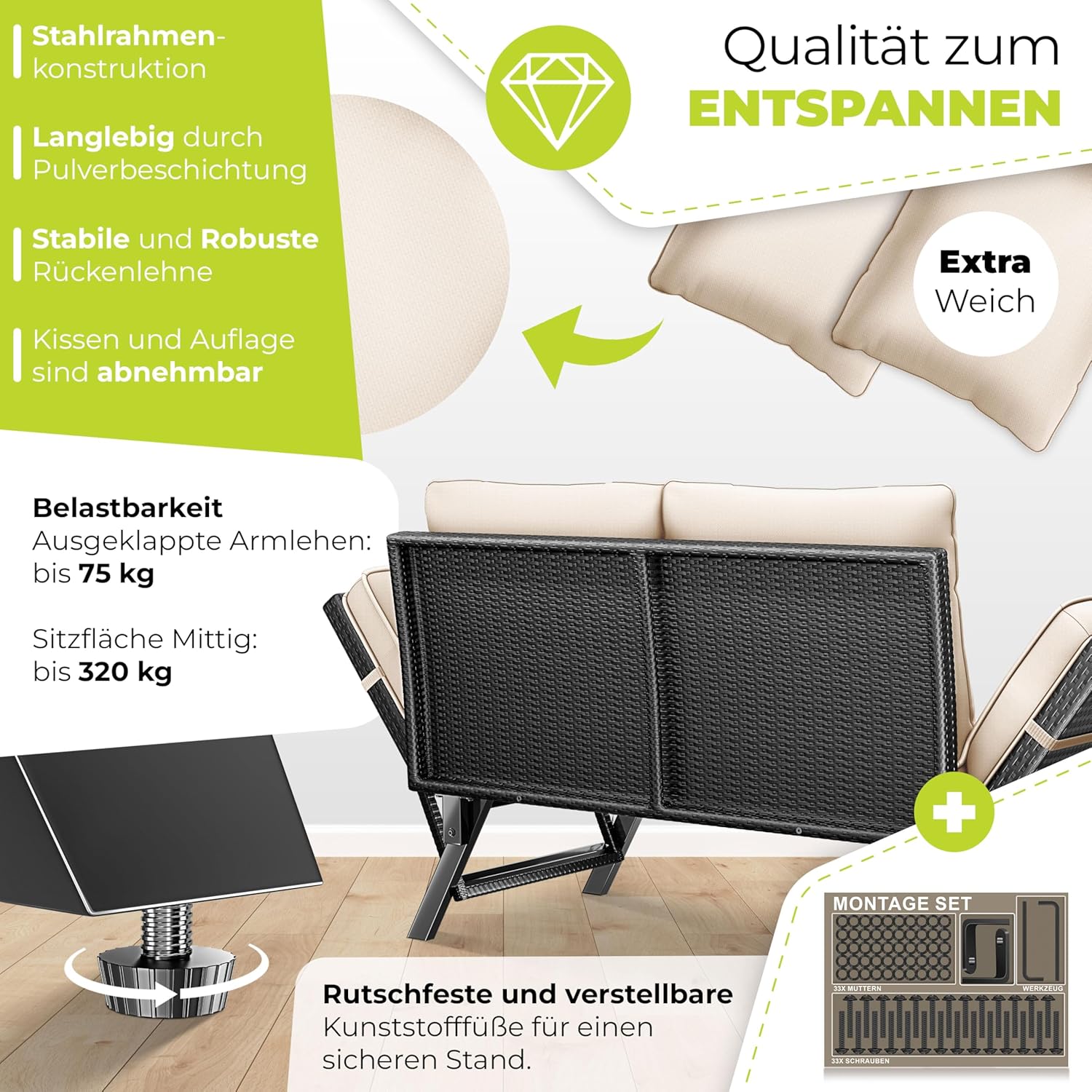 KESSER® Gartenbank Polyrattan 4‑in‑1 Verstellfunktion – Wetterfest, weiche Polsterung