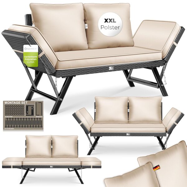 KESSER® Gartenbank Polyrattan 4‑in‑1 Verstellfunktion – Wetterfest, weiche Polsterung