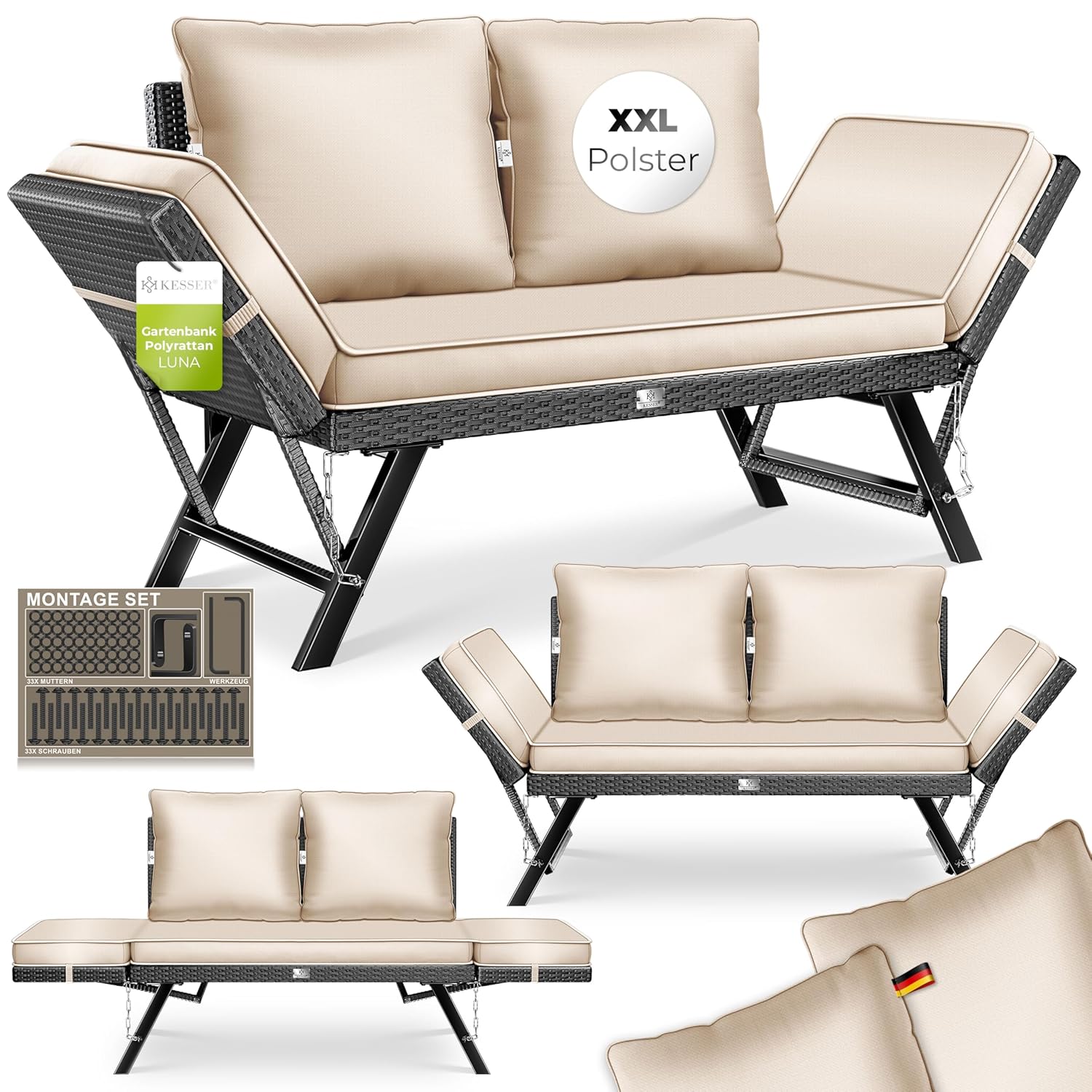 KESSER® Gartenbank Polyrattan 4‑in‑1 Verstellfunktion – Wetterfest, weiche Polsterung