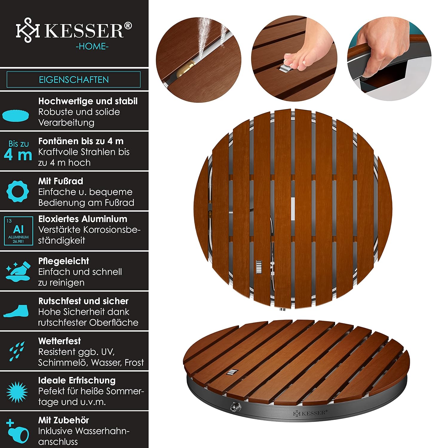 KESSER® Gartendusche, Fontänenhöhe 4 m, rutschfeste Alu‑WPC, Holzoptik