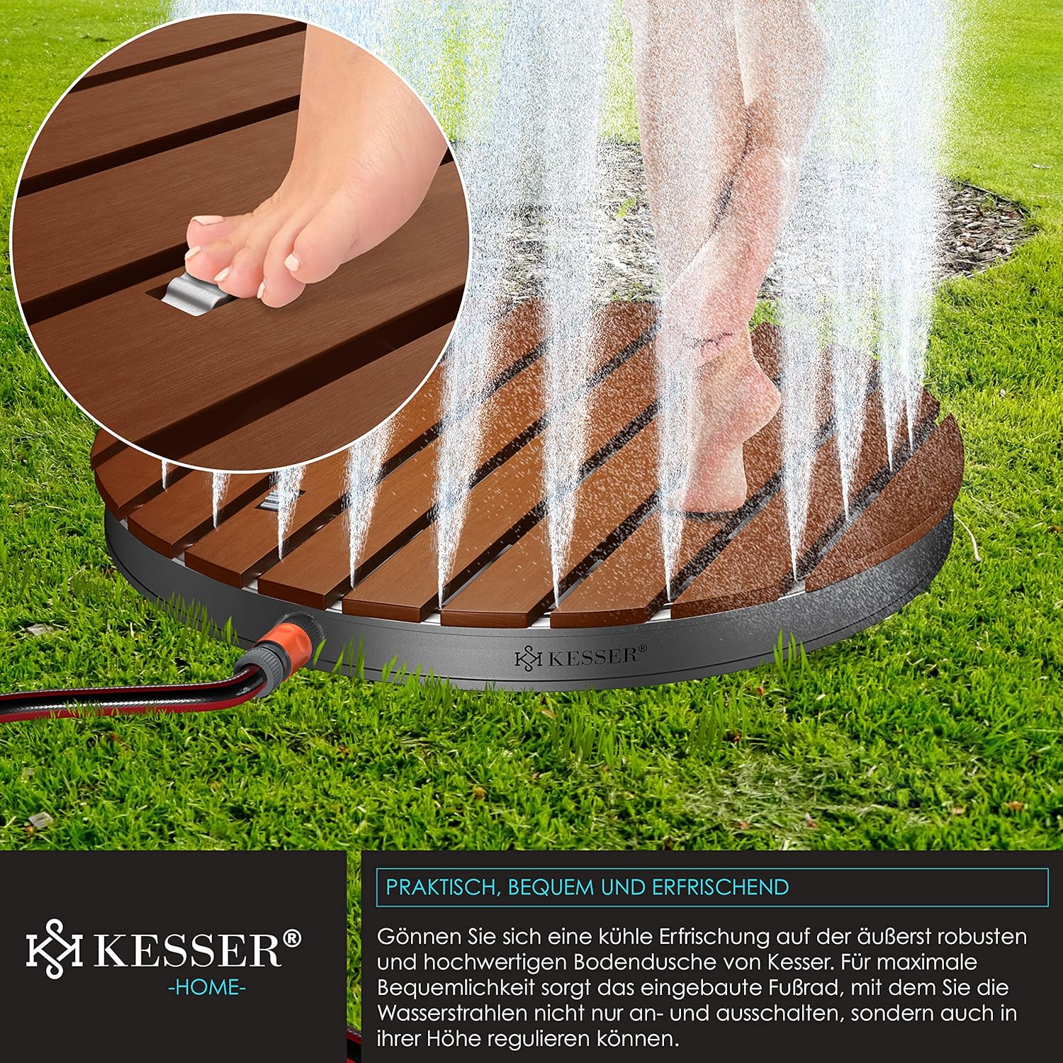 KESSER® Gartendusche, Fontänenhöhe 4 m, rutschfeste Alu‑WPC, Holzoptik