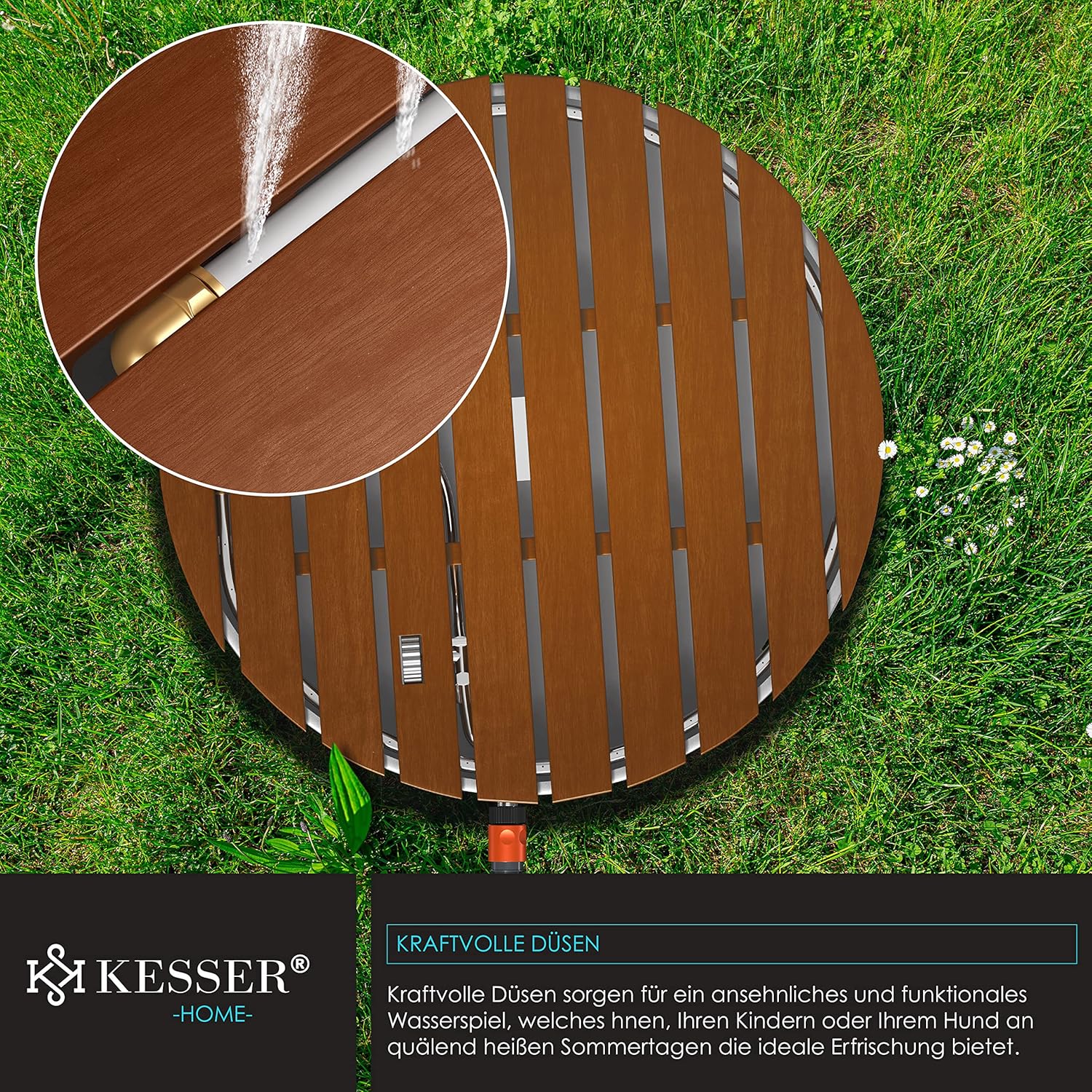 KESSER® Gartendusche, Fontänenhöhe 4 m, rutschfeste Alu‑WPC, Holzoptik