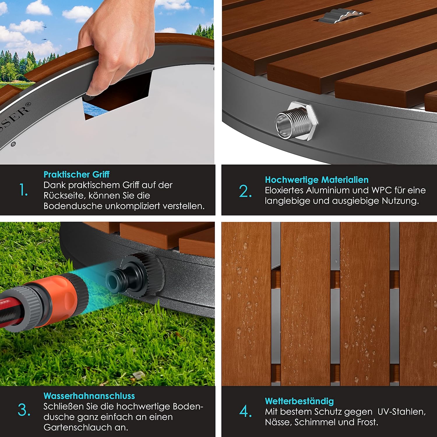 KESSER® Gartendusche, Fontänenhöhe 4 m, rutschfeste Alu‑WPC, Holzoptik