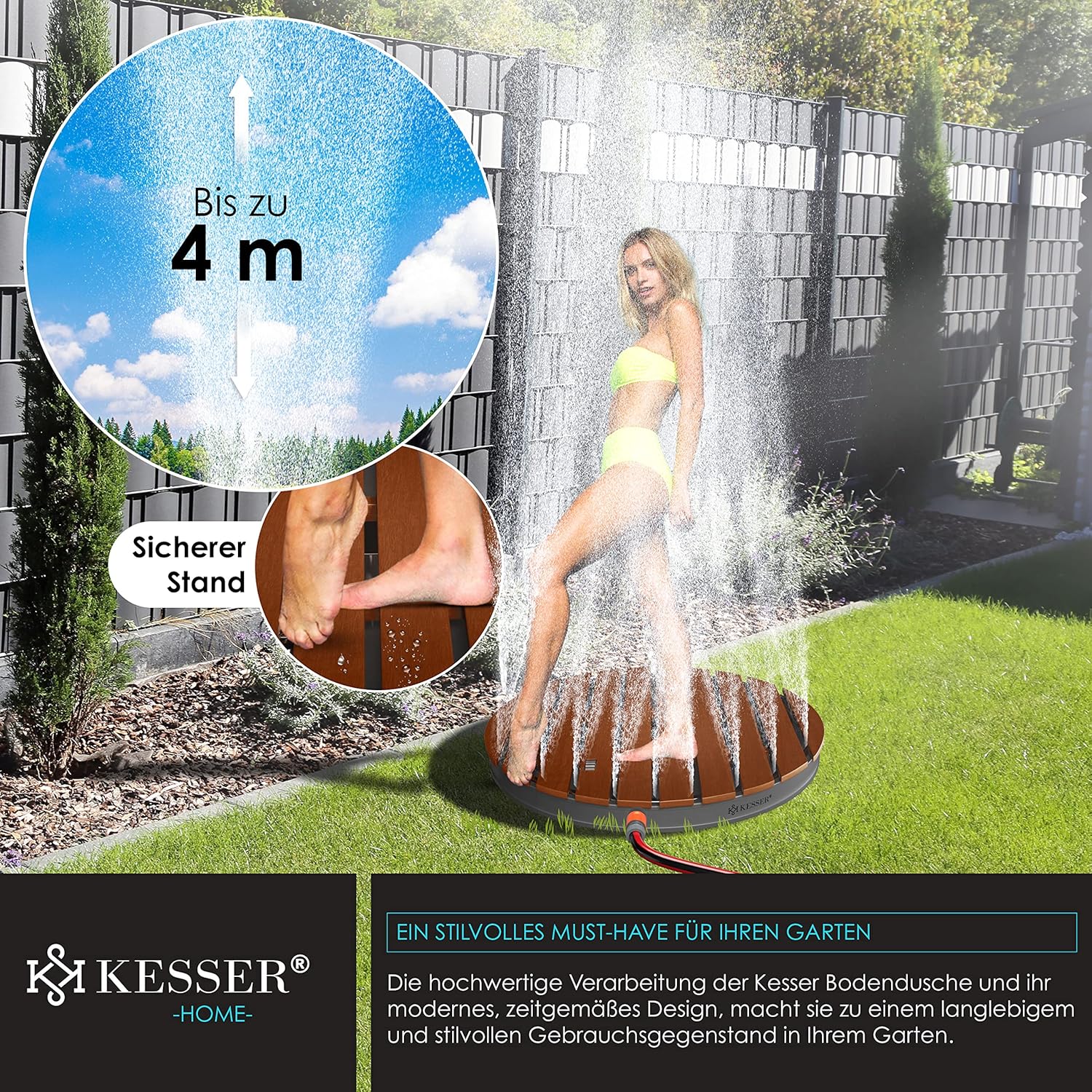 KESSER® Gartendusche, Fontänenhöhe 4 m, rutschfeste Alu‑WPC, Holzoptik