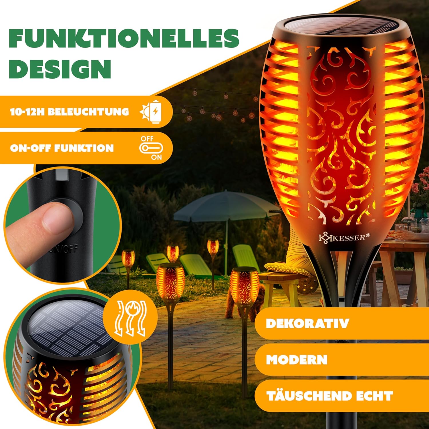 KESSER® Gartenfackel Solar – 12 LEDs, Licht‑Sensor, wetterfest mit Wandhalterung