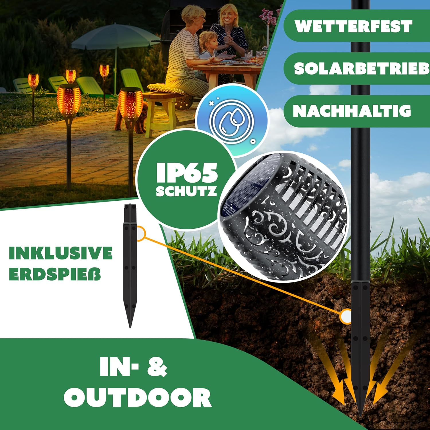 KESSER® Gartenfackel Solar – 12 LEDs, Licht‑Sensor, wetterfest mit Wandhalterung