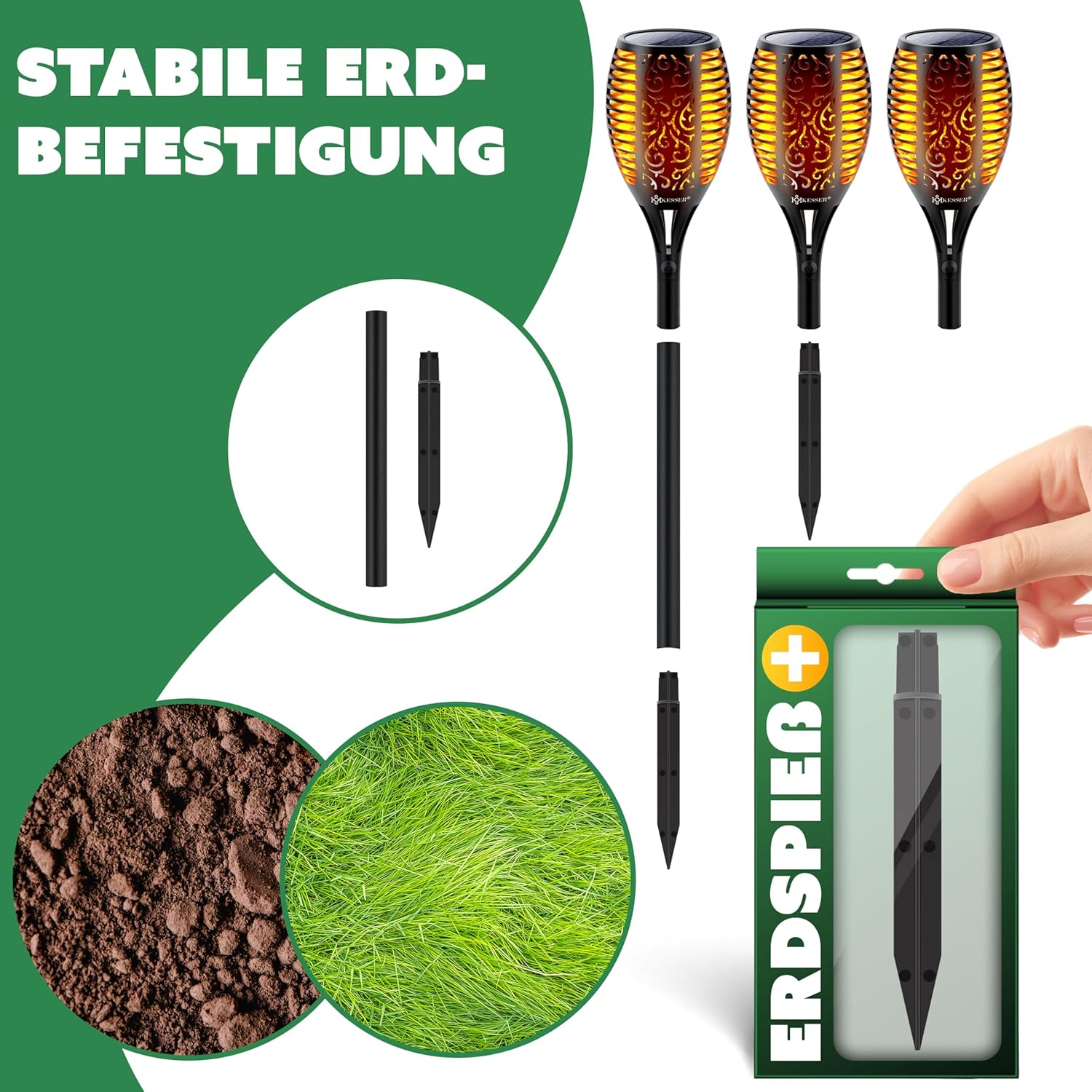 KESSER® Gartenfackel Solar – 12 LEDs, Licht‑Sensor, wetterfest mit Wandhalterung