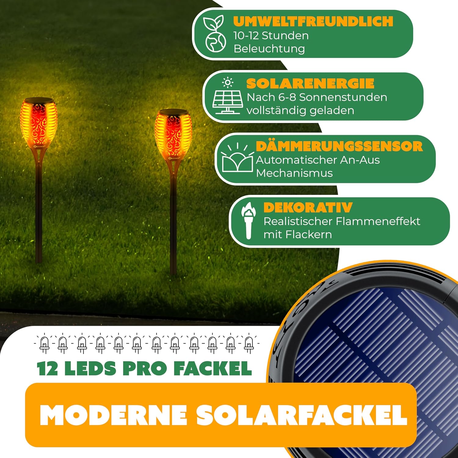 KESSER® Gartenfackel Solar – 12 LEDs, Licht‑Sensor, wetterfest mit Wandhalterung