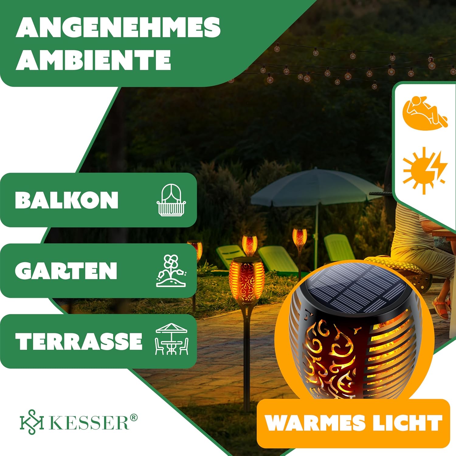 KESSER® Gartenfackel Solar – 12 LEDs, Licht‑Sensor, wetterfest mit Wandhalterung