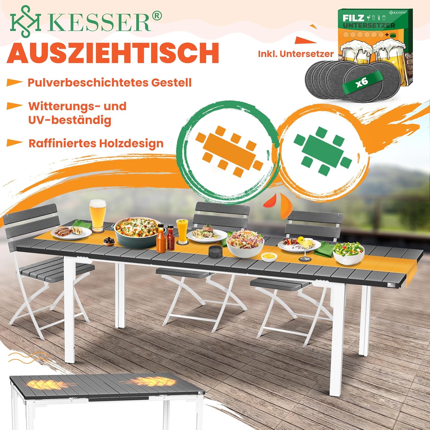 KESSER® Gartentisch 8 Pers. pulverbesch. Stahlgestell HDPE‑Platte – wetter‑UV