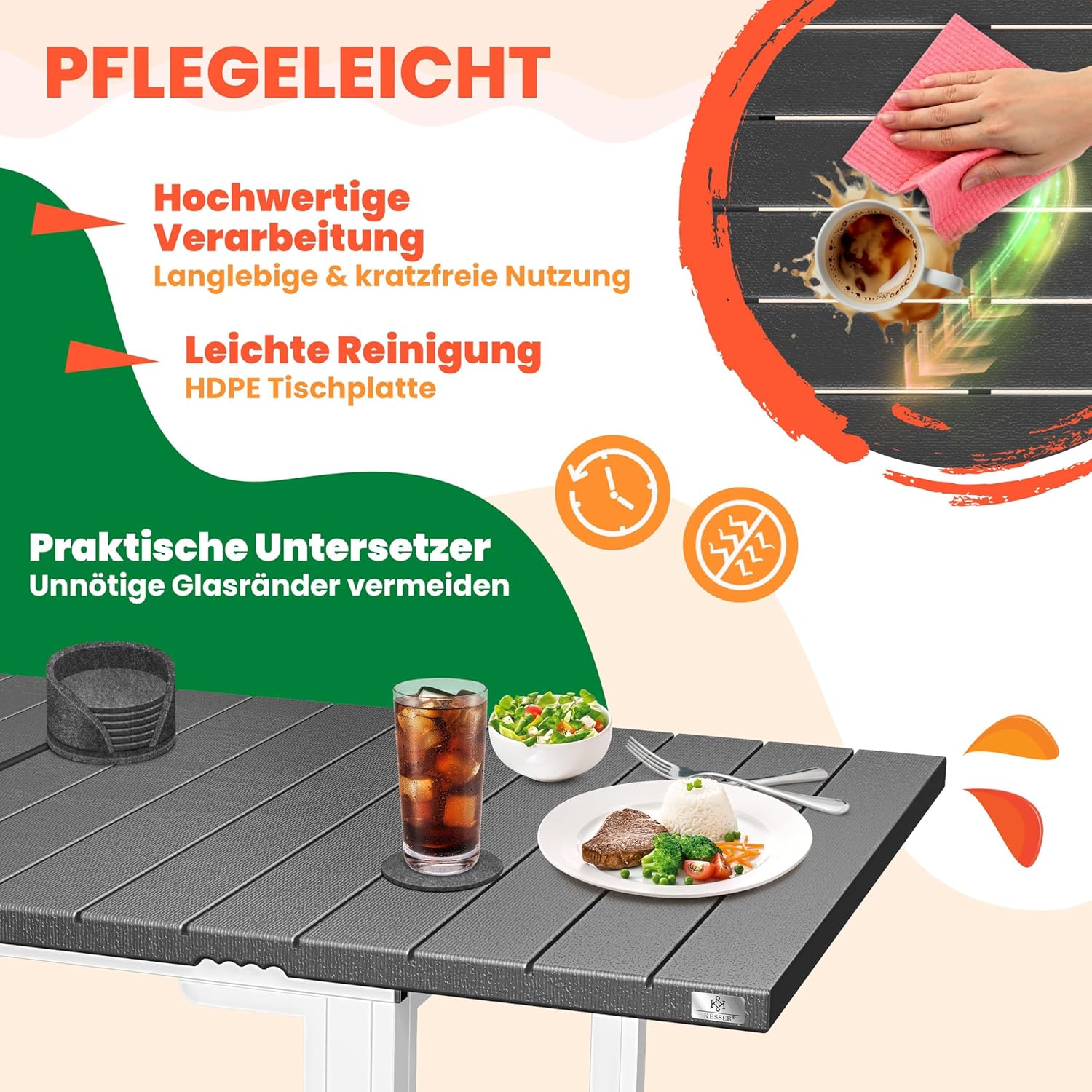 KESSER® Gartentisch 8 Pers. pulverbesch. Stahlgestell HDPE‑Platte – wetter‑UV