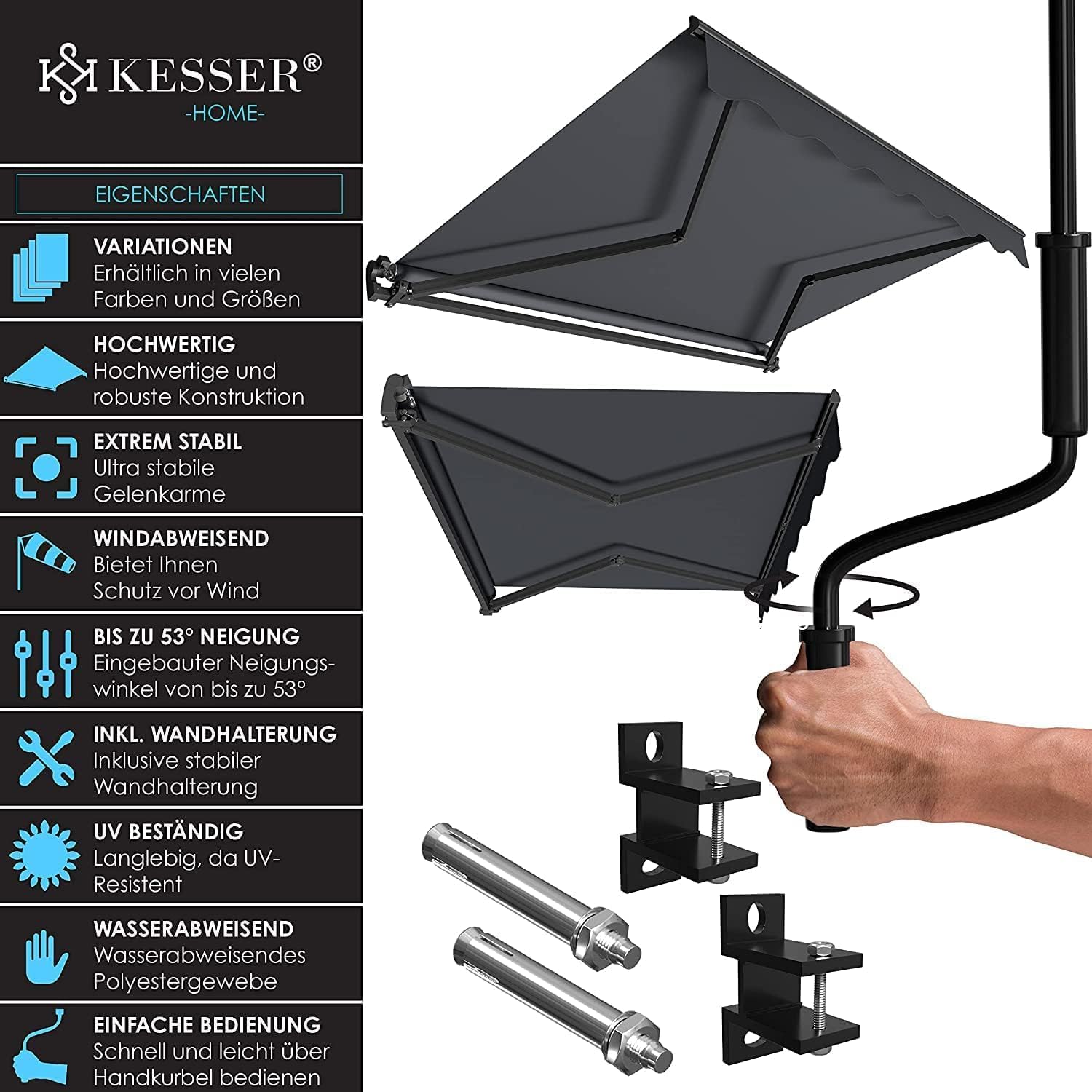 KESSER Gelenkarm‑Markise 300×250 cm – Wasserabweisend, inkl. Wandhalterung, Klemmmontage