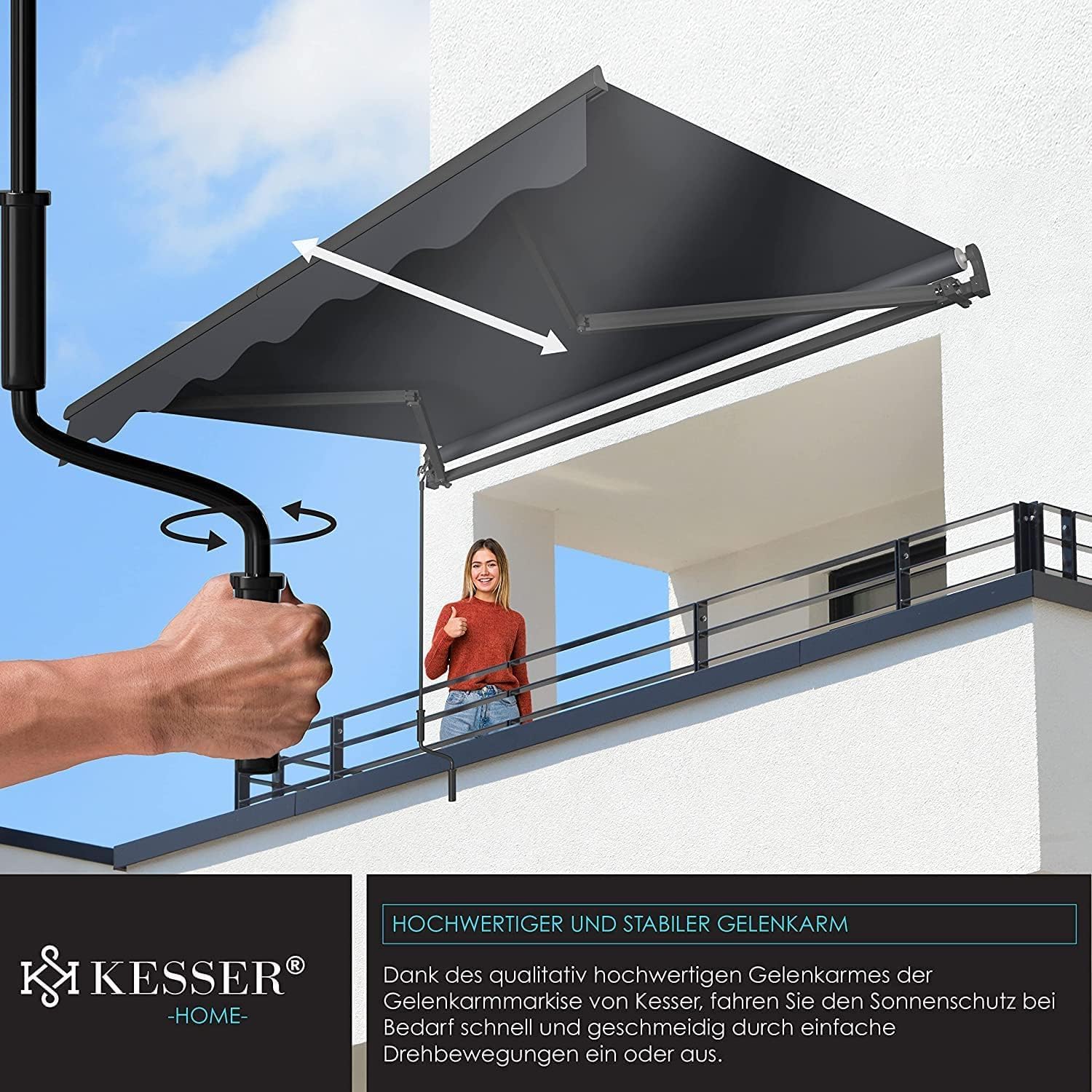 KESSER Gelenkarm‑Markise 300×250 cm – Wasserabweisend, inkl. Wandhalterung, Klemmmontage