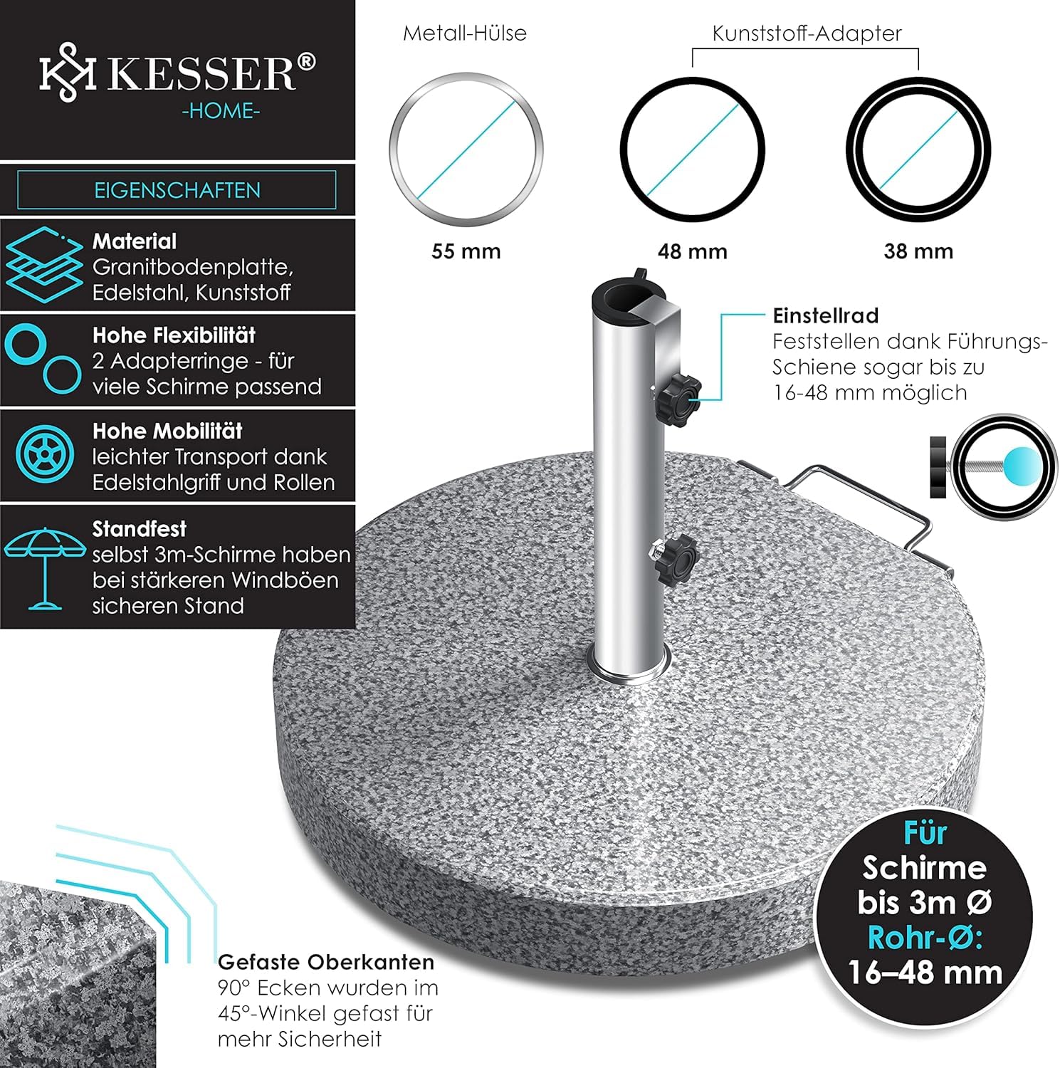 KESSER® Granit Sonnenschirmständer Edelstahlrohr 30 kg Rundsockel 16‑48 mm Stangen Transportgriff