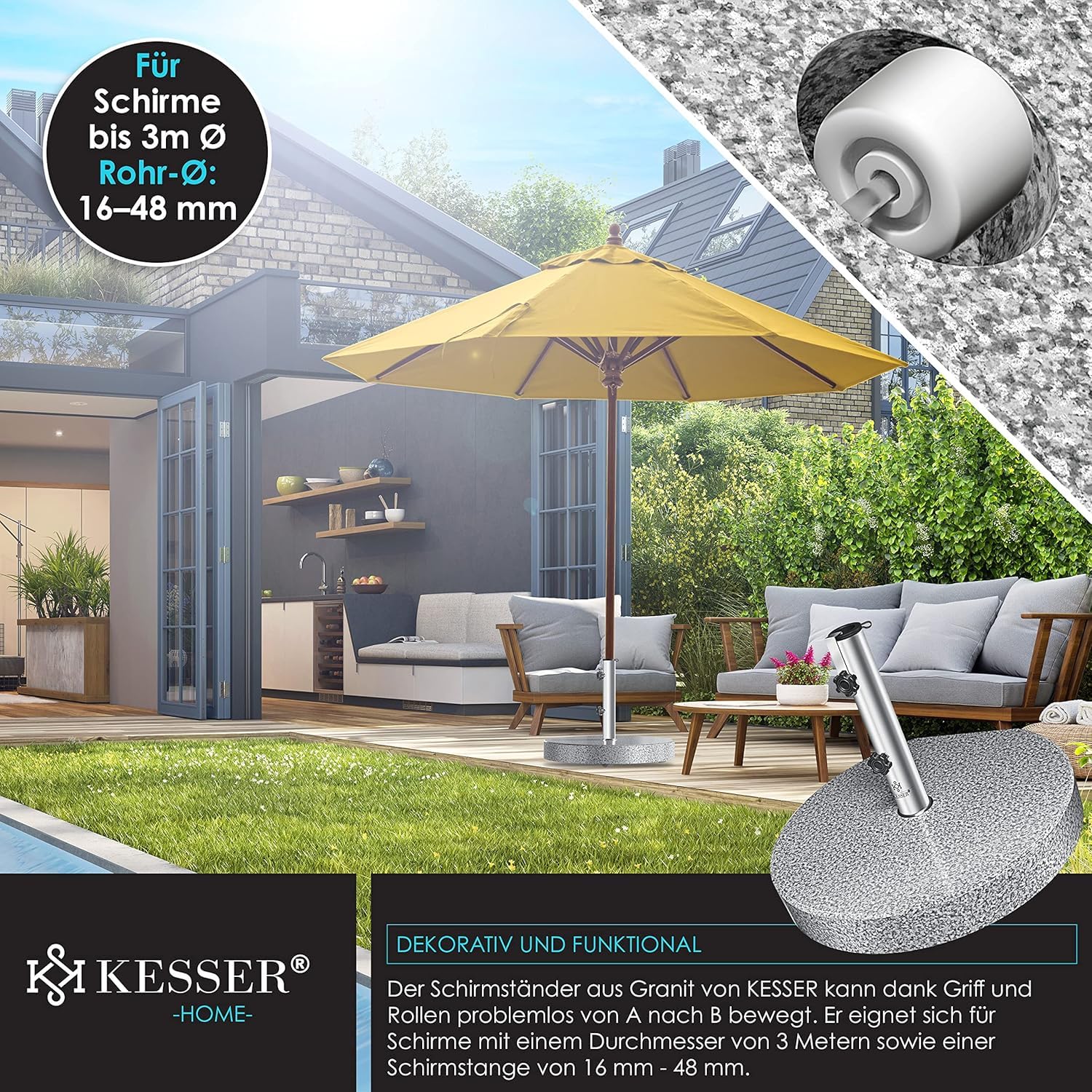 KESSER® Granit Sonnenschirmständer Edelstahlrohr 30 kg Rundsockel 16‑48 mm Stangen Transportgriff